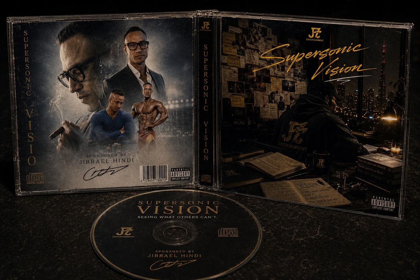 Supersonic Vision album cover, CD and case, sponsored by Jibrael Hindi